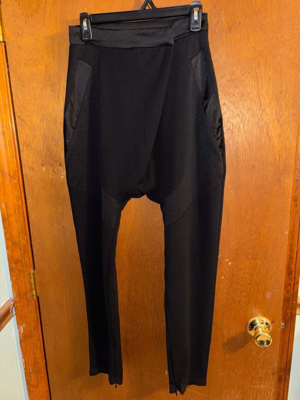 Hefty Italy Black Drop Crotch Harem Pants w/Satin Waistband and Ankle Zippers 42